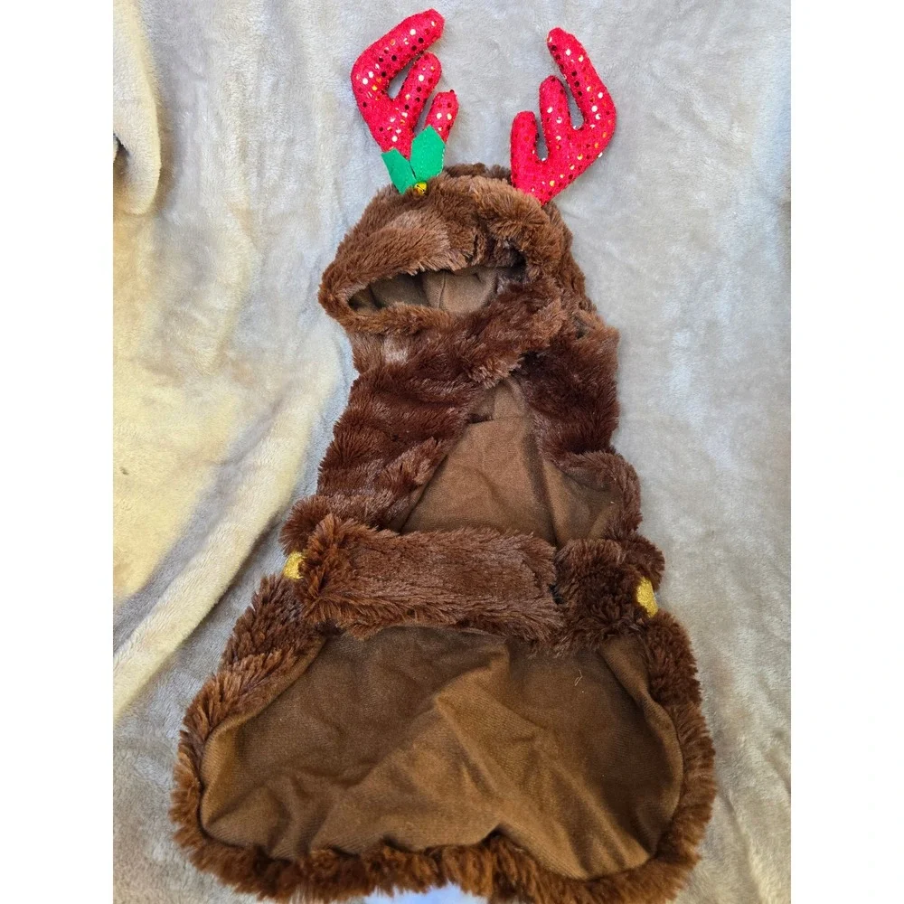 PetHoliday Reindeer Dog Costume Brown Faux Fur Red Sequin Antlers Jingle Bells M